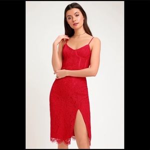 Lulu’s Love Me Right Red Lace Bodycon Midi Dress